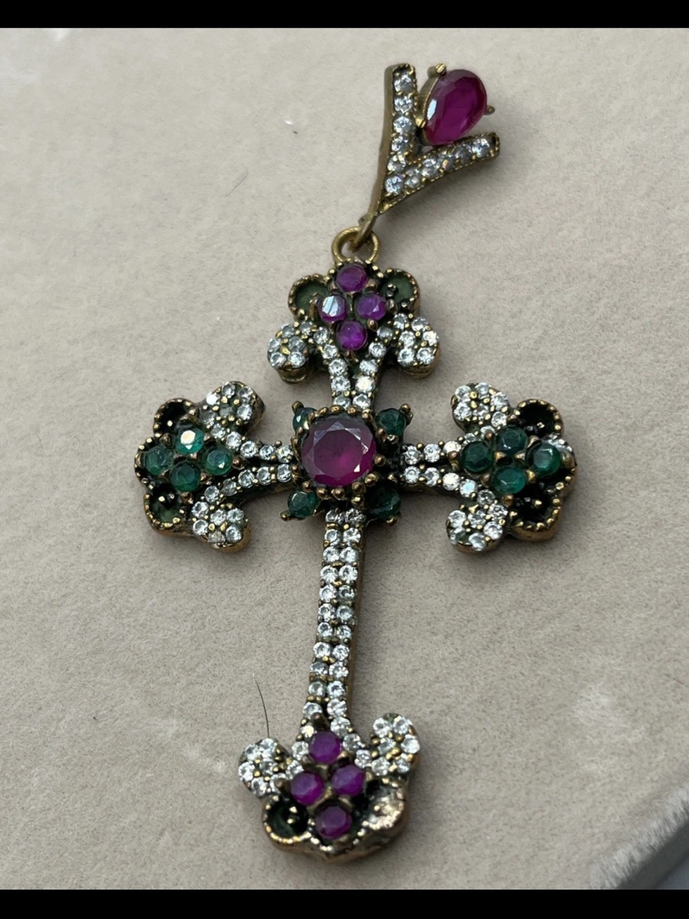 1Day Sale Vintage Jeweled Ruby Emerald Cross pendant 925 Sterling Silver Gold